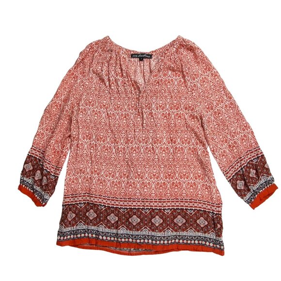 Ava Christine Women's Boho Print Long Sleeve Blouse S Red White - Picture 1 of 6